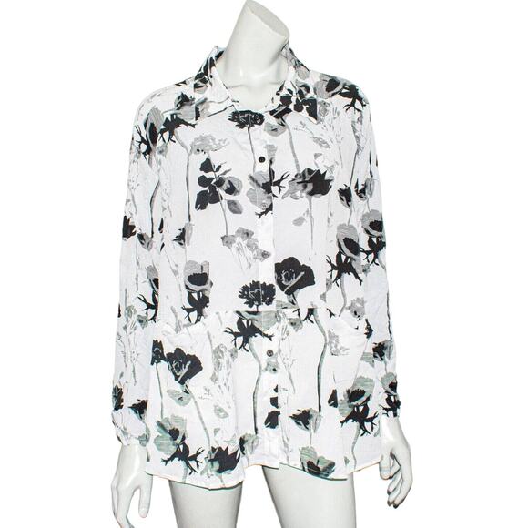 COMFY USA Button up Shirt Blouse Black White Floral Print Size Small - Picture 1 of 10